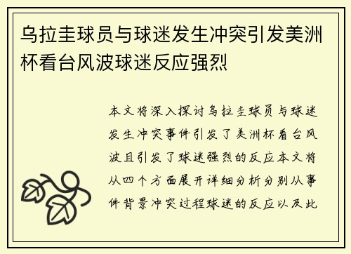 乌拉圭球员与球迷发生冲突引发美洲杯看台风波球迷反应强烈